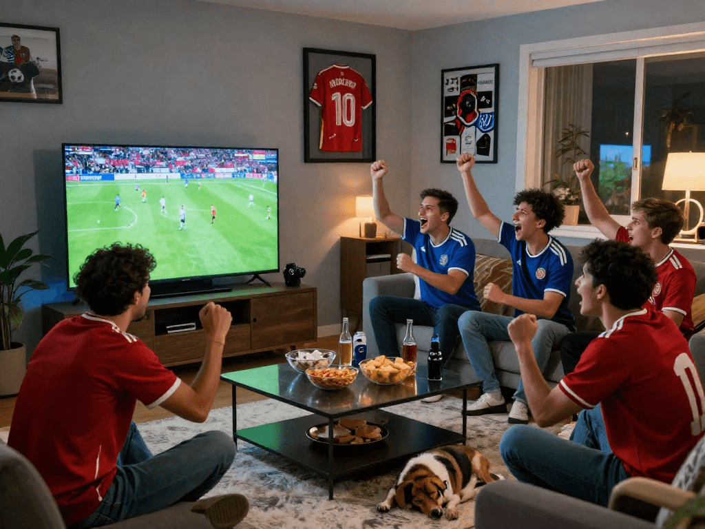Excited friends enjoying a live soccer match on rakhoitv.network in a cozy living room.